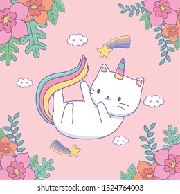 cute caticorn with floral decoration and rainbow vector illustration design
