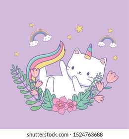 cute caticorn with floral decoration vector illustration design