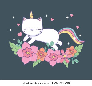 cute caticorn with floral decoration vector illustration design