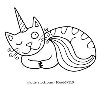 Cute caticorn illustration for coloring page or a book. Lovely vector outline illustration isolated on white. Perfect for kids. 