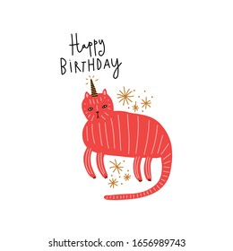 Cuta letra de caticorn Ilustración de cumpleaños. El unicornio gato, el concepto de animales de fiesta mágica gica. Caricatura de Doodle, personaje elegante. Diseño de imágenes prediseñadas de EPS vectoriales