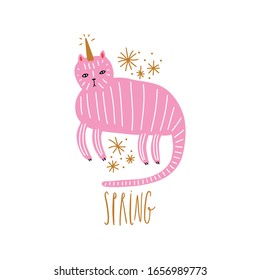 Ilustración con letras de caticorn. El unicornio gato, el concepto de animales de fiesta mágica gica. Caricatura de Doodle, personaje elegante. Diseño de imágenes prediseñadas de EPS vectoriales