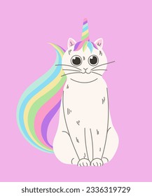 Cute caticorn sitting concept. White cat with rainbow mane and horn. Adorable fictional character. Poster or banner for website. Cartoon flat vector illustration isolated on pink background