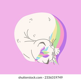 Cute caticorn sleeping concept. White cat with rainbow mane and horn. Cute domestic animal. Template, layout and mock up. Cartoon flat vector illustration isolated on pink background