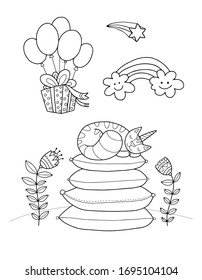 Cute caticorn sleeping on four pillows surrounded by flowers. With presents, balloons and rainbow in the sky. Coloring page for kids or adults. Magic cat with horn.