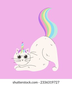 Cute caticorn stretching concept. White cat with rainbow mane and horn. Sticker for social networks and messengers. Cartoon flat vector illustration isolated on pink background