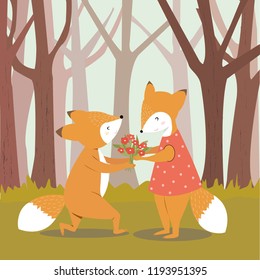 cute catoon fox man give flower to his girlfriend, wolf couple show the love  in a forest,illustration vector by doodle comic art for any card.