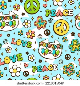 Cute cat,peace hippie symbol in flower seamless pattern. Vector hand drawn kawaii trendy cartoon illustration.Hippie cat,60s,70s,groovy fashion print seamless pattern concept