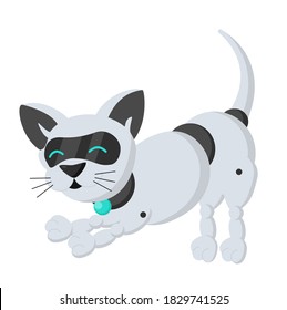 cute cat-robot bends on its front paws, silver color on a white background. Technological robot that measures the habits of animals. Pet of the future