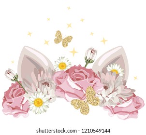 cute catroon character with floral wreath and golden glitter elements. For birthday, baby shower, clothes and posters design. Vector illustration.