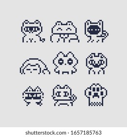 Cute Cats 1-bit Pixel Art Icons Set, Cat Characters Heads And Cat's Paws.  Logo Pet Shop, Veterinary Clinics. Stickers And Embroidery Design. Isolated Vector Illustration. 80s Style.