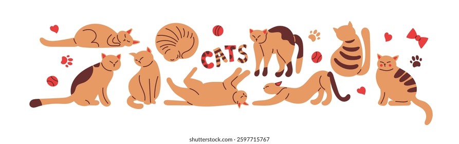 Cute Cats. Abstract cat icon set collection. Hand drawn characters in different action and movement set. Purebred pet animals isolated on white background. Kitten vector illustration in doodle style