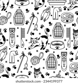 Cute cats and accessories seamless vector pattern. Goods for kittens - food, toy, paw print bowl, shaver, litter box tray. Veterinary and grooming. Black and white background for poster, pet shop, web