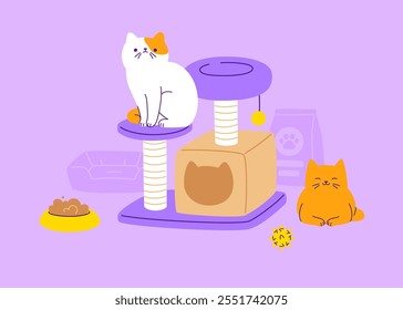 Gatos bonitos com acessórios. Ilustração vetorial com gatos planos com animais de estimação variedade de bens.