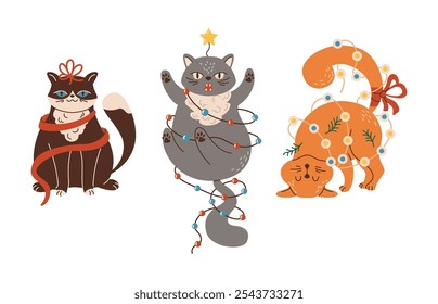 Cute cats adorned in New Year garlands flat color vector characters set. Animals in Christmas decor illustrations bundle on white background