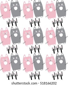 Cute cats, animal seamless pattern, Cartoon little kittens characters for kids party, holiday, birthday, baby shower, abstract, illustration, polka dots. Nursery Background for Kid playroom kids party