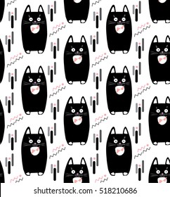 Cute cats, animal seamless pattern, Cartoon little kittens characters for kids party, holiday, birthday, baby shower, abstract, illustration, polka dots. Nursery Background for Kid playroom kids party