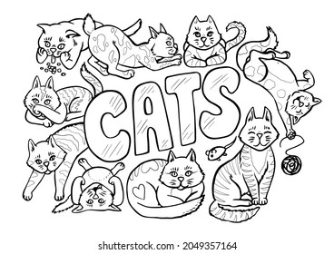 Cute Cats Anti Stress Coloring Page. Black and white hand drawn Cats playing and having fun, poster design isolated, vector illustration