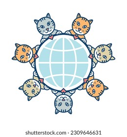 Cute cats around the globe. Vector illustration.