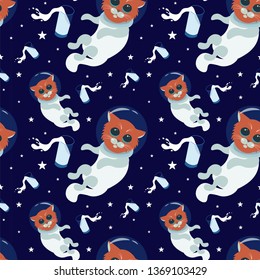 Cute cats astronauts in helmets with milk in the cosmos seamless pattern. For kids design, fabric, textile, apparel.