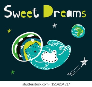 Cute cats astronauts in space, vector illustration. Sleeping kitten, planet earth in universe. Phrase - Sweet dreams. Funny poster with lettering , design for kids.