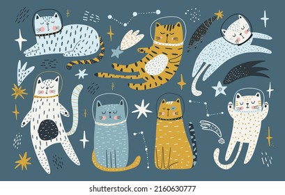 Cute cats astronauts traveling in outer space. Animal cosmonaut adventure in cosmos. Flat vector illustration of funny feline in universe.