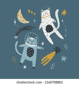 Cute cats astronauts traveling in outer space. Animal cosmonaut adventure in cosmos. Flat vector illustration of funny feline in universe.