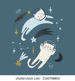 Cute cats astronauts traveling in outer space. Animal cosmonaut adventure in cosmos. Flat vector illustration of funny feline in universe.