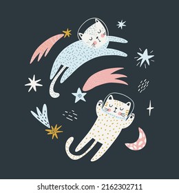 Cute cats astronauts traveling in outer space. Animal cosmonaut adventure in cosmos. Flat vector illustration of funny feline in universe.