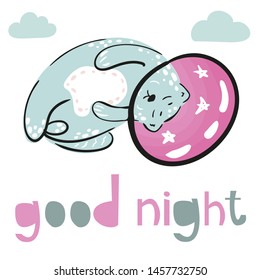 Cute cats astronauts under clouds, vector illustration. Sleeping blue kitten  on white. Phrase - Good night. Funny poster with lettering , design for kids.