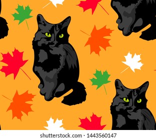 Cute cats and autumn leaves seamless pattern. Pet vector illustration. Cartoon cat images. Cute design for kids. Сhildren's pattern
