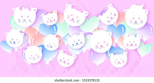 Cute cats background in paper cut style 