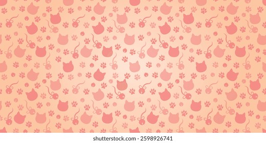 Cute Cats Background - Silhouettes of Cat Heads, Bells and Footprints. Salmon Rectangular Background.