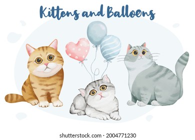 Cute cats and balloons collection in watercolor style