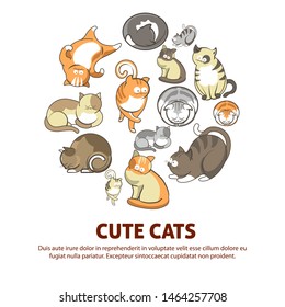 Cute cats with big eyes ginger and grey kittens vector domestic animals sleepy or playful poses pets with spots and stripes curled up and lying on back, paw print furry mammals feline species