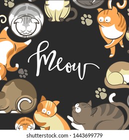 Cute cats with big eyes and pawprint frame pets or domestic animals vector sleepy or playful poses ginger and grey kittens with spots and stripes curled up and lying on back paw print adorable mammals