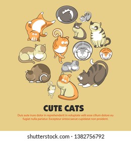 Cute cats with big eyes in sleepy or playful poses vector pets or domestic animals ginger and grey kittens with spots and stripes curled up and lying on back paw print adorable furry mammals