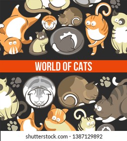 Cute cats with big eyes in sleepy or playful poses vector pets or domestic animals ginger and grey kittens with spots and stripes curled up and lying on back paw print adorable furry mammals