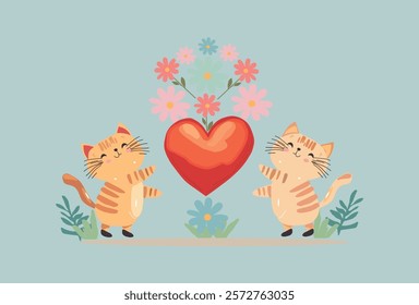  cute cats with big heart and flowers vector illustration in flat style. Two ginger kittens character, with flowers and heart, romantic illustration, valentine's day concept
