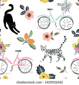 Cute cats, bikes and floral elements, white background. Vector seamless pattern. Pets and flowers. Nature print. Digital illustration with animals 