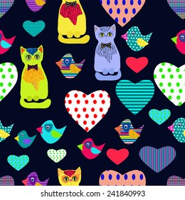 Cute cats, birds, fish in cartoon style on a black background. Vector illustration. The finished composition for printing. Textiles, T-shirt, wallpaper, design.