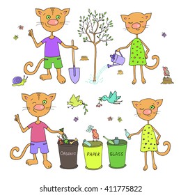 cute cats and birds sort garbage and planting trees