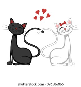 Cute cats - A black tomcat and a white pussycat is sitting and smiling in love