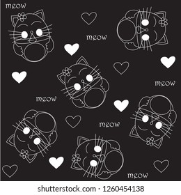 cute cats with black and white hearts and meow desciptions vector illustration