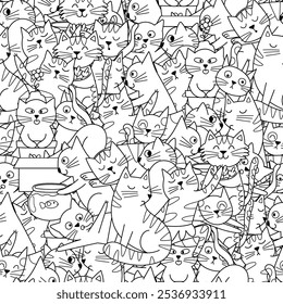 Gatos bonitos preto e branco sem costura padrão. Engraçado fundo de personagens felinos para colorir livro. Ilustração vetorial