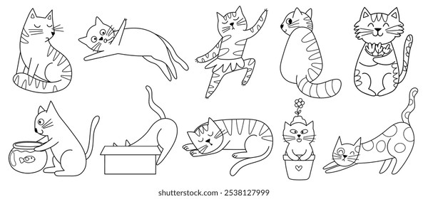 Gatos lindos en blanco y negro para colorear libro. Divertidos personajes felinos jugando, durmiendo, bailando y más. Esquema doodle animales colección para colorear página. Ilustración vectorial