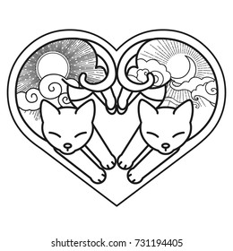 Cute cats in black and white. Vector hand drawn illustration
