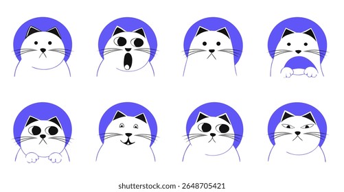 Gatos bonitos em capuz azul com diferentes expressões faciais e emoções, conjunto de estilo de desenho animado isolado, Ilustração Vetor

