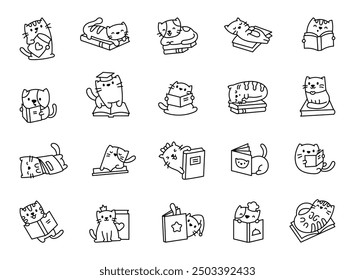 Cute cats with books. Coloring Page. Funny cartoon characters. Hand drawn style. Vector drawing. Collection of design elements.