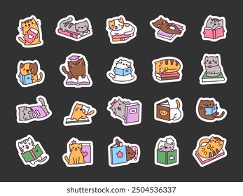 Cute cats with books. Sticker Bookmark. Funny cartoon characters. Hand drawn style. Vector drawing. Collection of design elements.